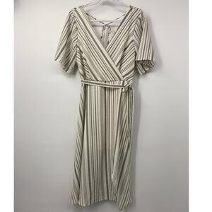 Three Pink Hearts Womens White Black Striped Vneck Belted Dress NEW Medium